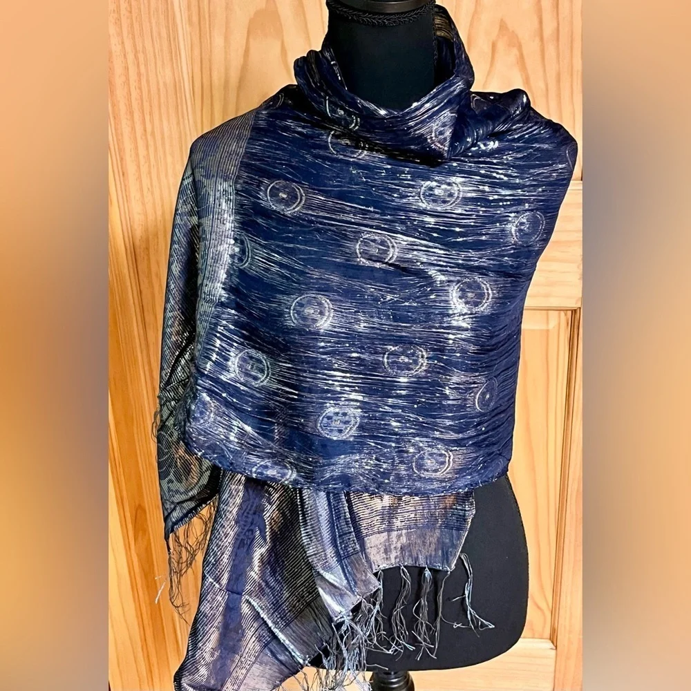 Vintage Navy Blue Silk Metallic Shimmer Scarf Wrap Evening Shawl Fringe Holiday